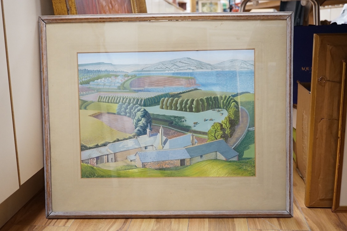Eric Peyman, in the style of Eric Ravilious (1903-1942), gouache, Farmstead before the coast, signed and dated '47, 33 x 47cm. Condition - good